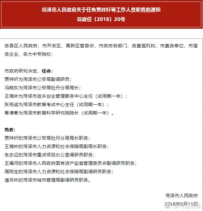 菏泽市委人事调动最新动态